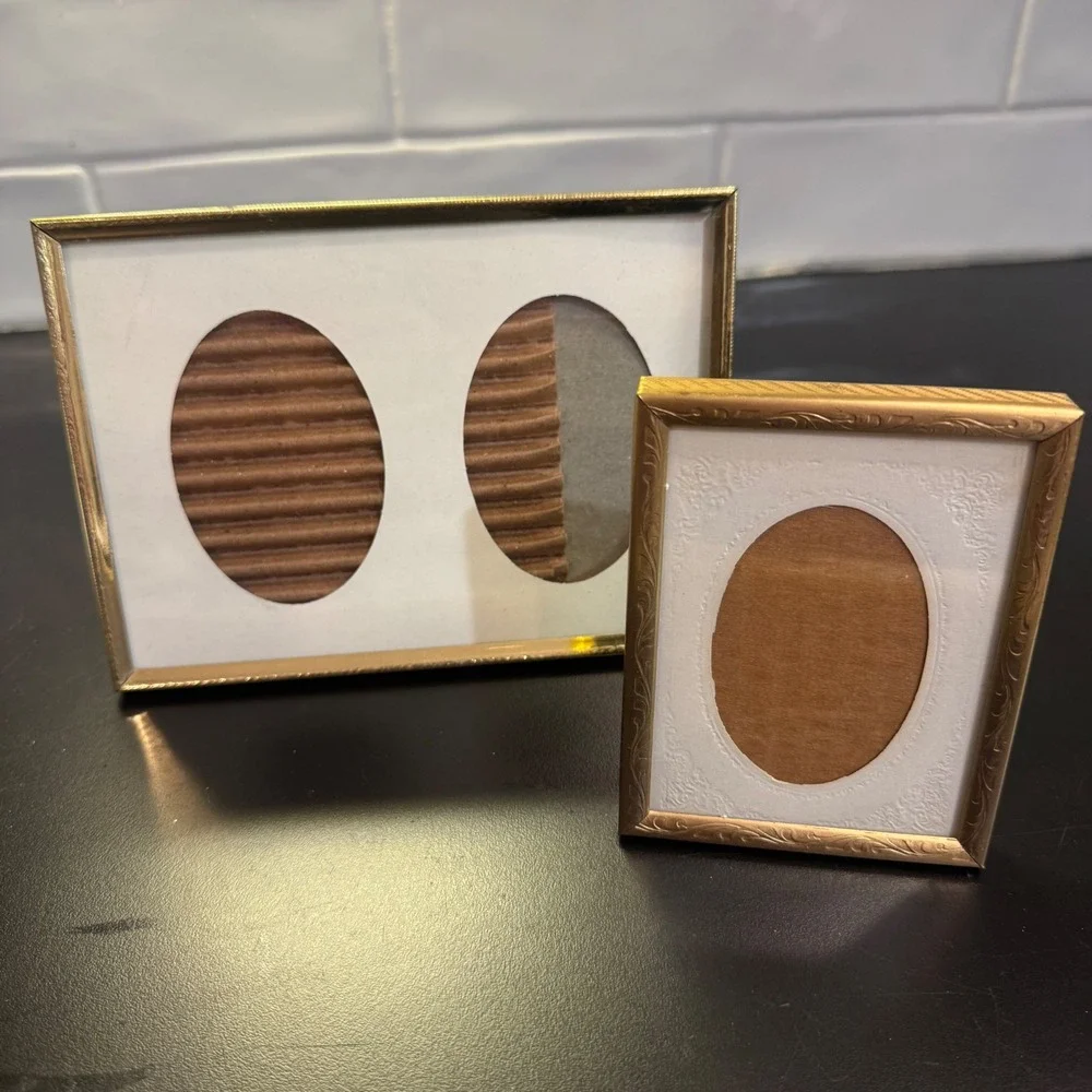 Vintage Gold Metal Oval Double and Single Picture Frame Set Small Gold Mat 2pc